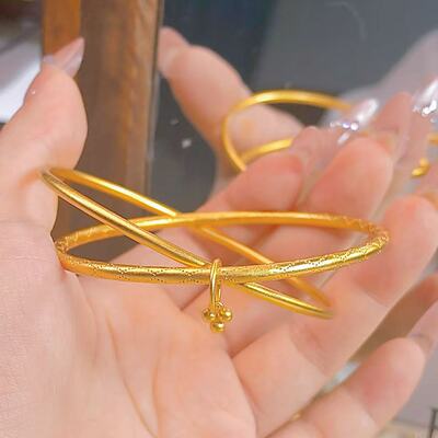 珠联环扣沙金双圈手镯仿真黄金菱格纹镯子双环敦煌环环相扣素圈镯