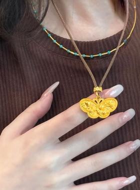 錾刻蝴蝶吊坠仿真黄金庄周梦蝶项链手工镀金毛衣链送女友轻奢高级