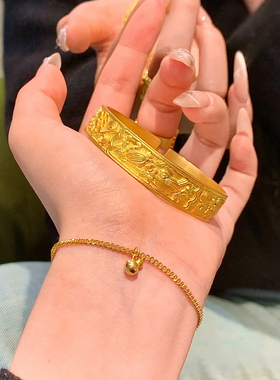 喜鹊登梅沙金吉言手镯新中式宽版仿真黄金宫廷风12N国风錾刻镯子