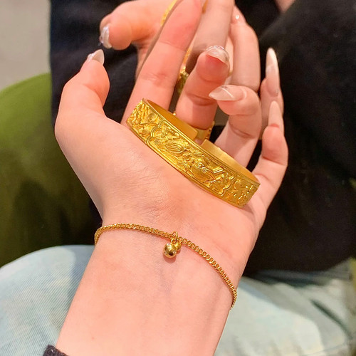 喜鹊登梅沙金吉言手镯新中式宽版仿真黄金宫廷风12N国风錾刻镯子