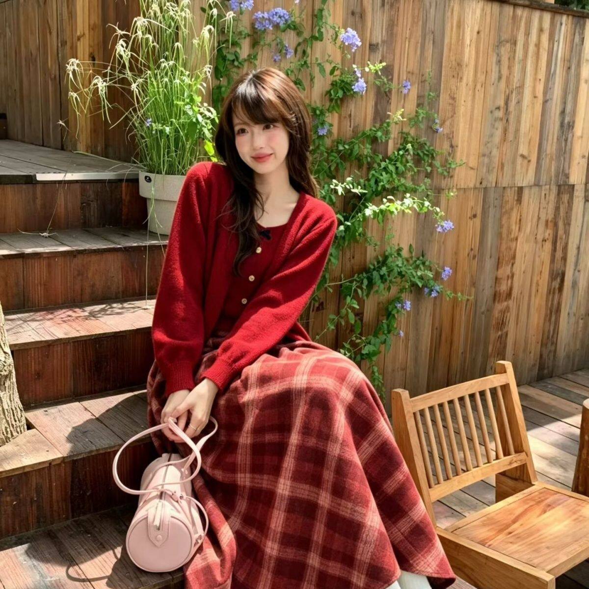 红色方领针织开衫套装女秋季复古红格大摆半身长裙温柔氛围感三件