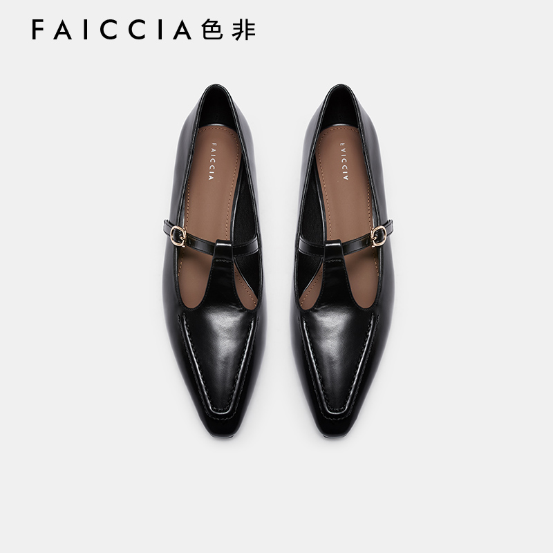 色非女款晚晚风方头拼色玛丽珍鞋