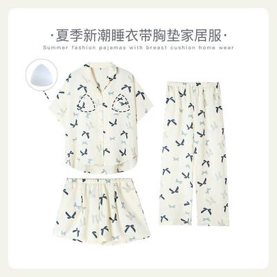 栗茵小众设计师新款泡泡绵女士睡衣夏季短袖可外出家居服三件套