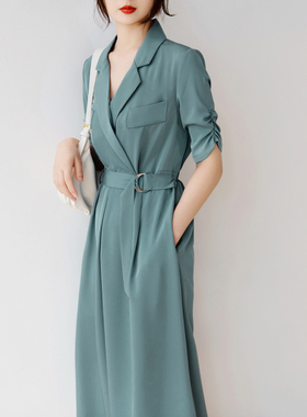 法式高端精致蓝色OL西装连衣裙女夏设计感气质收腰显瘦职业裙长裙