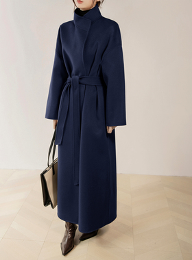 藏青色简约立领超长款双面呢大衣女冬宽松显瘦落肩超好看毛呢外套