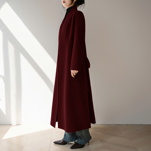 设计感无领长款安哥拉红双面呢大衣女气质系带修身收腰羊毛呢外套