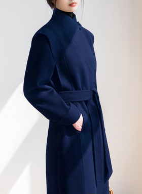 藏蓝色立领新中式盘扣双面羊绒大衣女设计感小众气质显瘦毛呢外套