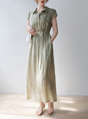 高级感浅绿色亚麻衬衫领长款连衣裙女夏2026轻奢高端收腰显瘦长裙