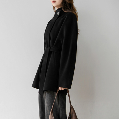 简约风黑色立领小个子羊毛大衣女