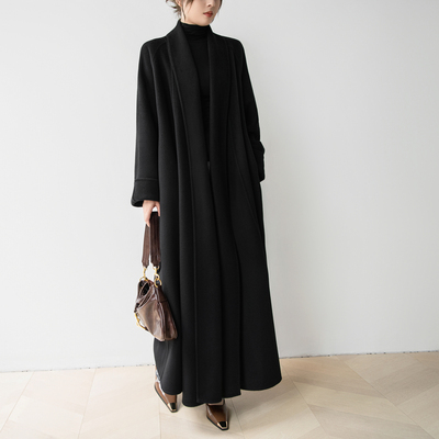 慵懒风黑色翻领羊毛双面呢大衣女