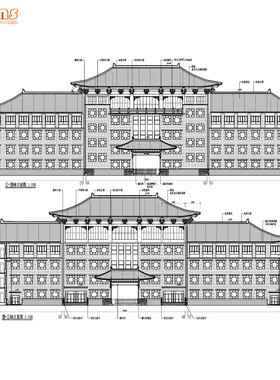 74.5x19.3米四层教学楼CAD建筑图4979平米中式仿古斗拱庑殿顶学校