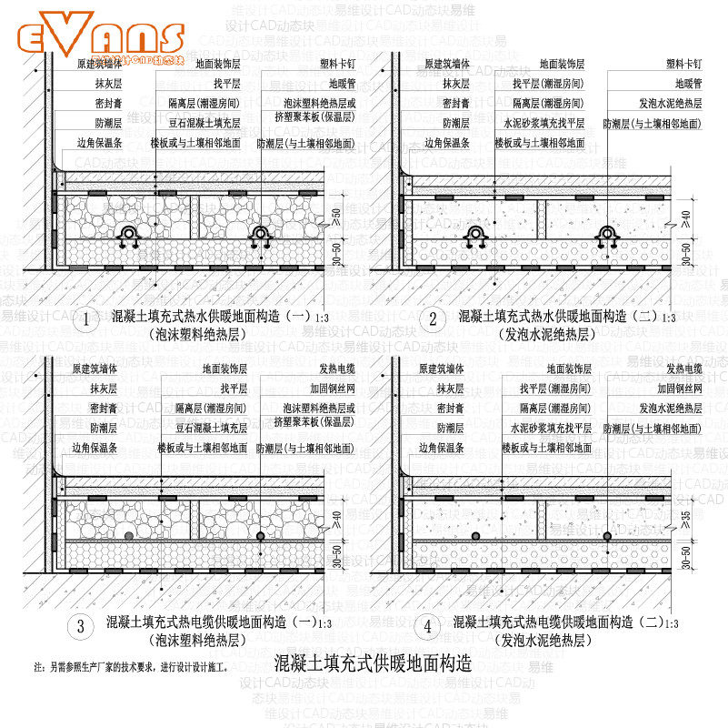 地暖做法cad电子版 地面水热电热辐射供暖系统细部节点大样图纸