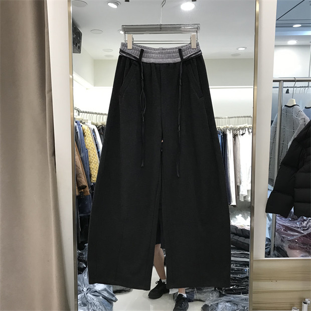 欧货撞色腰弯刀裤冬新款松紧高腰加绒加厚休闲阔腿直筒女卫裤9889