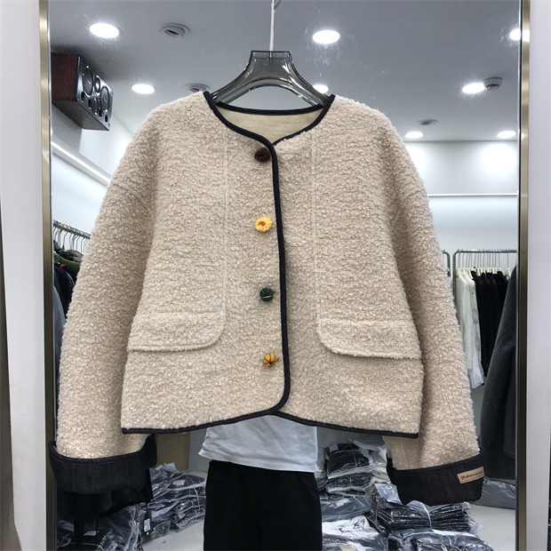 MSSQ羊毛外套女2025秋冬新款撞色皮毛一体短外套小个子上衣66090