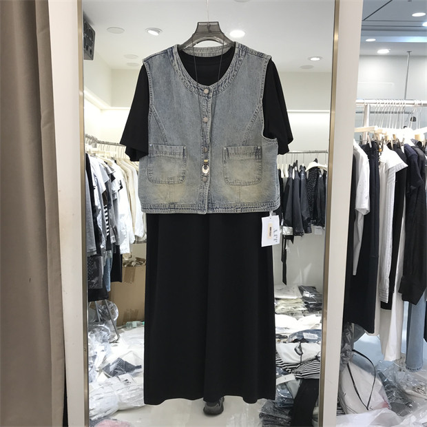 欧洲站2026春夏新款宽松显瘦牛仔马甲黑色连衣裙女两件套装26253