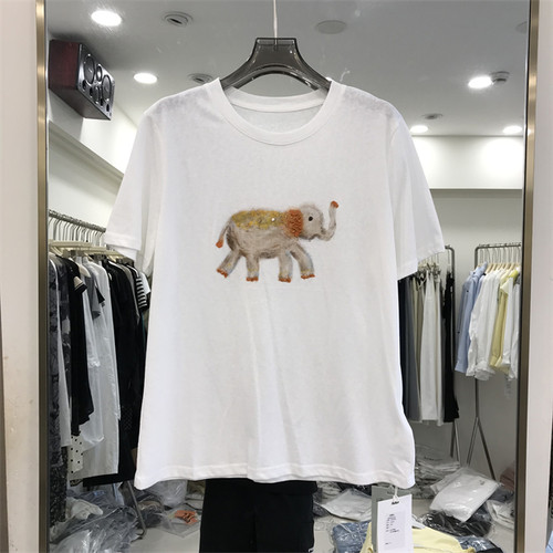 ZW卓娃2026夏季新款手工串珠大象印花宽松显瘦百搭短袖T恤女2828
