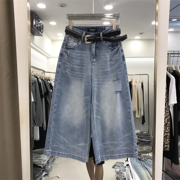 高腰破洞阔腿牛仔裤女2026春夏宽松显瘦休闲百搭八分裤潮13080-2