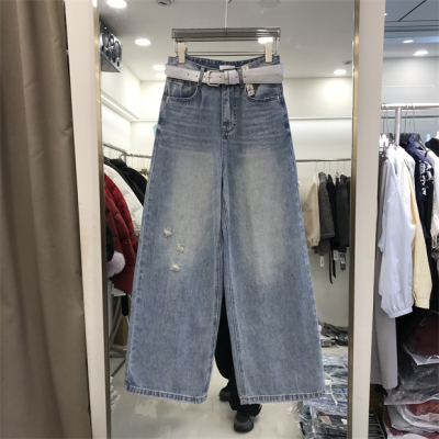VV7 MOK破洞牛仔裤女春季新款高腰宽松水洗阔腿拖地长裤子潮88772