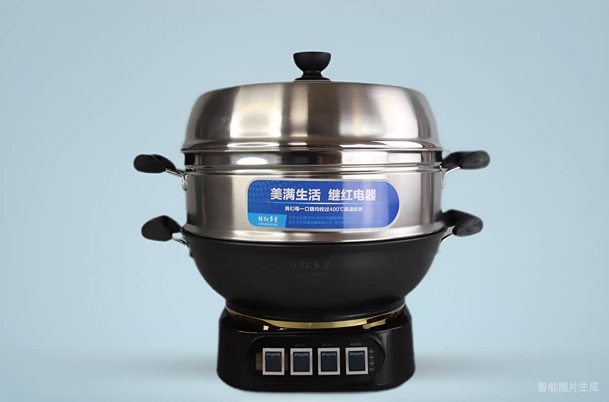 继红多星锅多功能电热锅带蒸笼铸铁电炒锅家用电蒸锅电炒菜锅一体