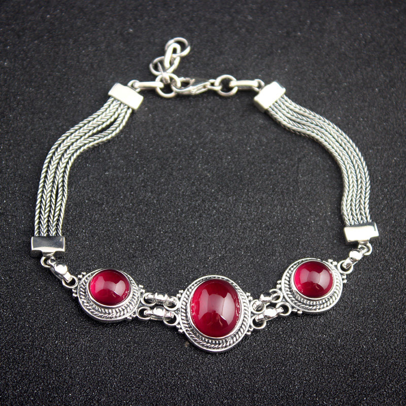 纯银镶宝石简约手链 红刚玉复古民族风 高贵气质女手链送女友礼物
