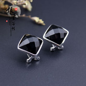 925纯银 防过敏 大气百搭黑色耳夹 复古泰银饰品黑玛瑙女款 耳钉