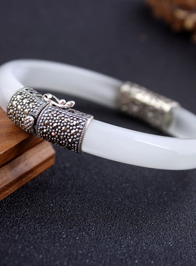 纯银白蓝百搭女款古典风优美手镯