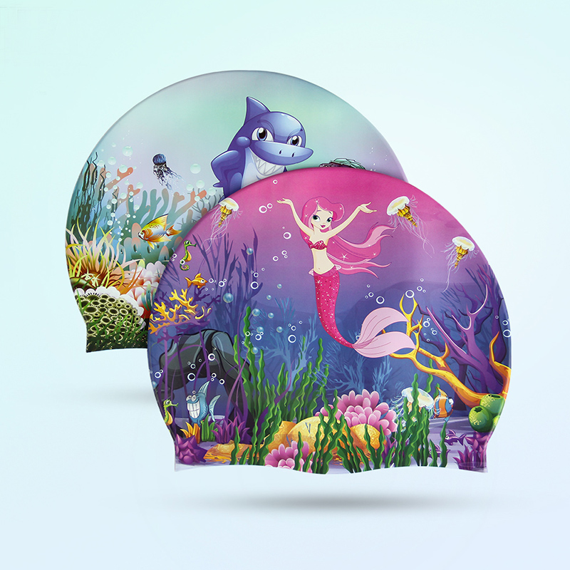 弈姿女士新款儿童泳帽 卡通美人鱼鲨鱼男女童硅胶防水护耳游泳帽