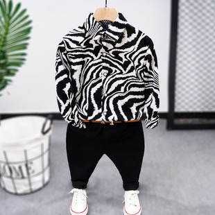 男宝宝长袖 2023童装 豹纹衬衣 黑色修身 2件套 男童帅气秋季 长裤 套装