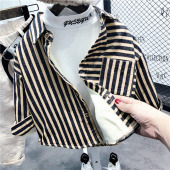 韩版 2024秋冬新款 儿童条纹加厚衬衣男孩保暖上衣 加绒衬衫 男童冬款
