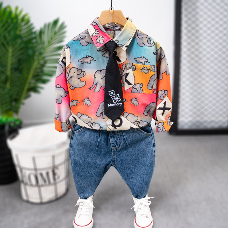 男童装长袖衬衫2021秋季韩版男童帅气花纹衬衣中小童男孩洋气开衫