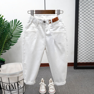 中大童宽松裤 儿童白色休闲裤 男童纯白洋气弹力牛仔裤 新品 2025秋季