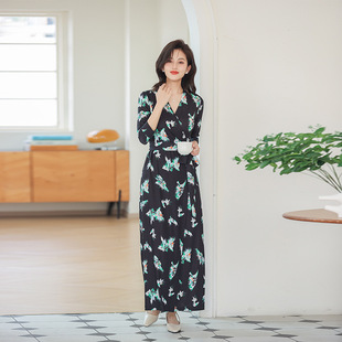 DVF春夏季 裹身裙PG 蓝灵鸟印花针织弹力翻领名媛 欧律服装 欧美新品