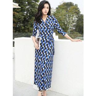 茶歇裙连衣裙女PG 欧美新品 修身 印花长款 DVF26裹身裙 系带收腰法式