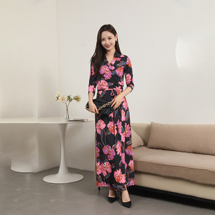 欧美新品粉色木槿花裹身裙修身显瘦高腰一片式法式连衣裙女PG DVF