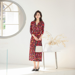 裹身裙收腰显瘦连衣裙PG 之作红唇印花中长款 DVF2026 经典 欧美新品