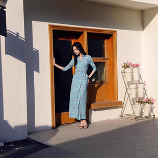 欧美新品26翻领一片式裹身连衣裙女法式植物花卉碎花PG DVF连衣裙