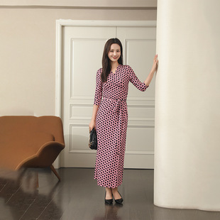 欧美新品 裹身裙长款 气质减龄显瘦一片式 DVF 几何印花连衣裙法式