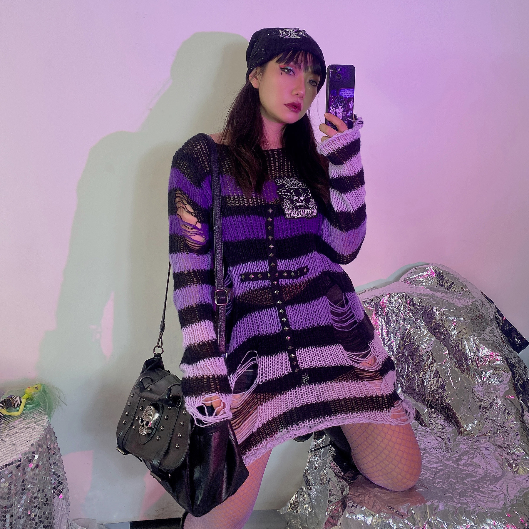 【发电站】暗黑紫色渐变亚文化哥特辣妹中长款毛衣针织衫街头百搭