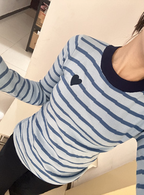 AD迪迪韩系减龄条纹针织衫2024秋大码显瘦百搭撞色圆领上衣女