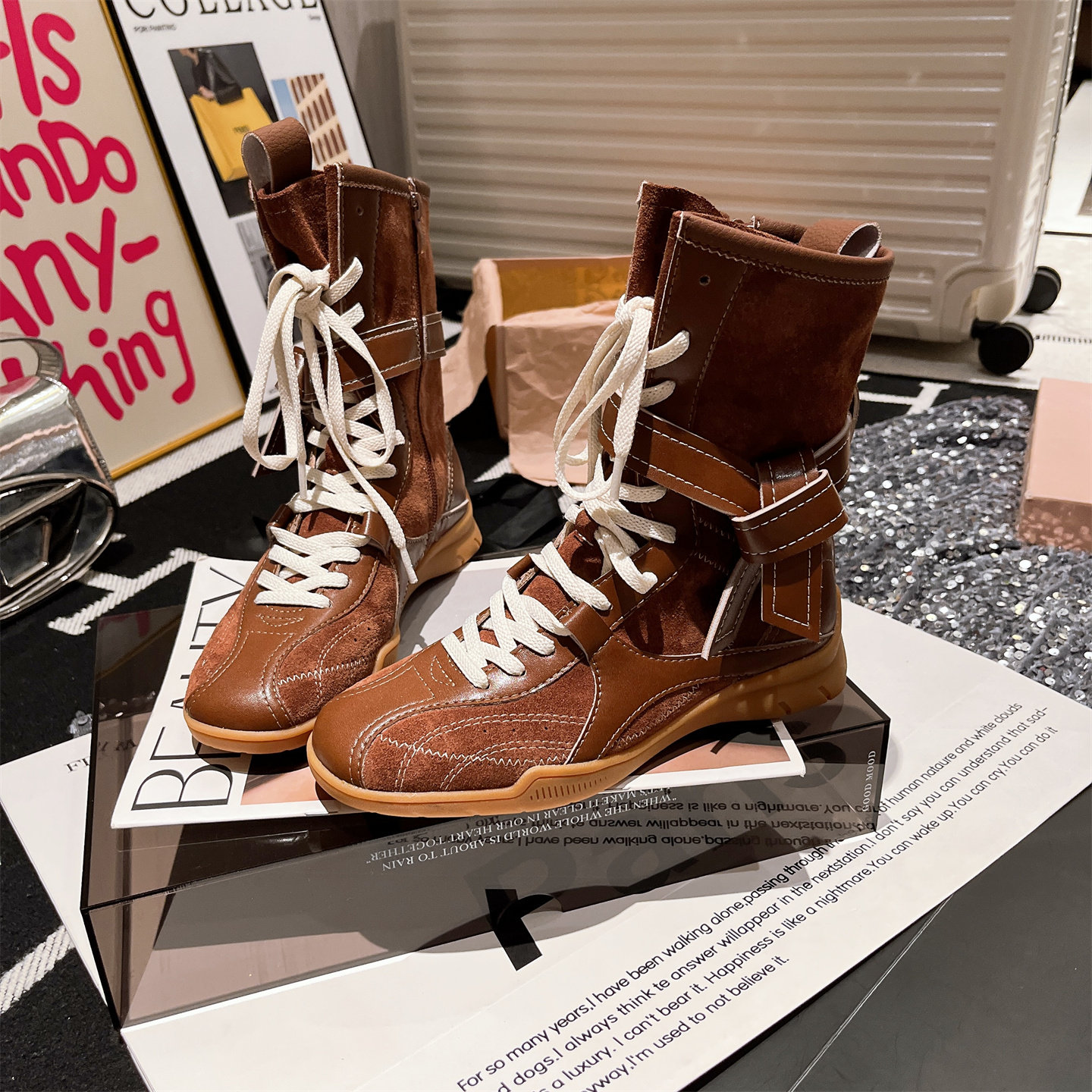 爱米高复古德训靴真皮罗马靴系带马丁靴平底机车靴短靴短筒女靴子