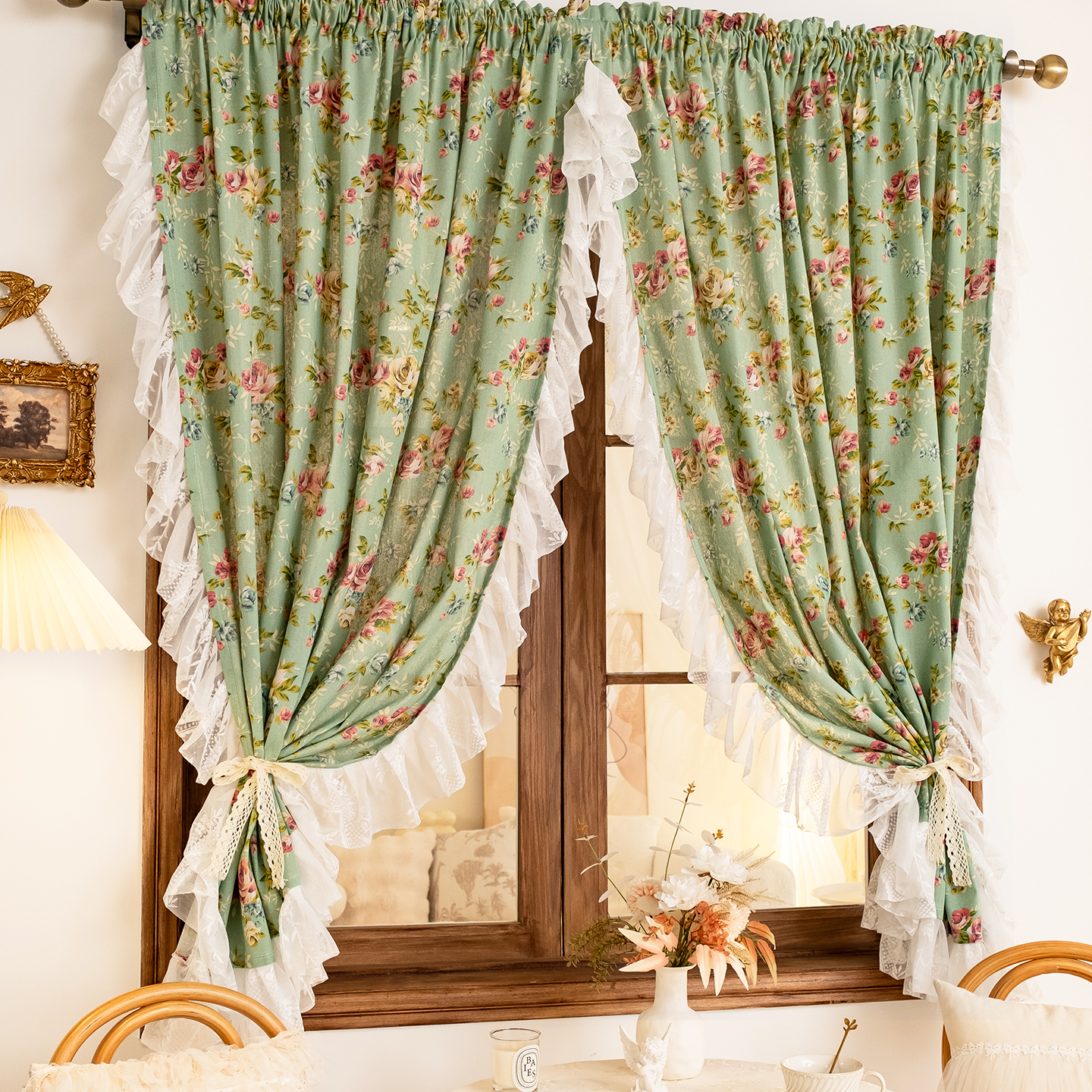 美式荷叶边碎花窗帘绿色棉麻半帘卧室飘窗法式复古田园风厨房门帘