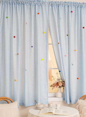 清新蓝格子小窗户短窗帘儿童房卧室飘窗ins风韩系隔断帘门帘半帘