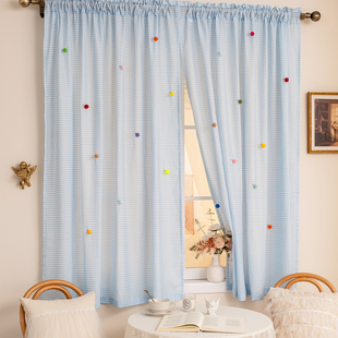 清新蓝格子小窗户短窗帘儿童房卧室飘窗ins风韩系隔断帘门帘半帘