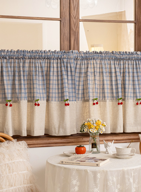 棉麻田园风蓝色格子半帘窗帘门帘美式飘窗小短帘免打孔咖啡遮挡帘