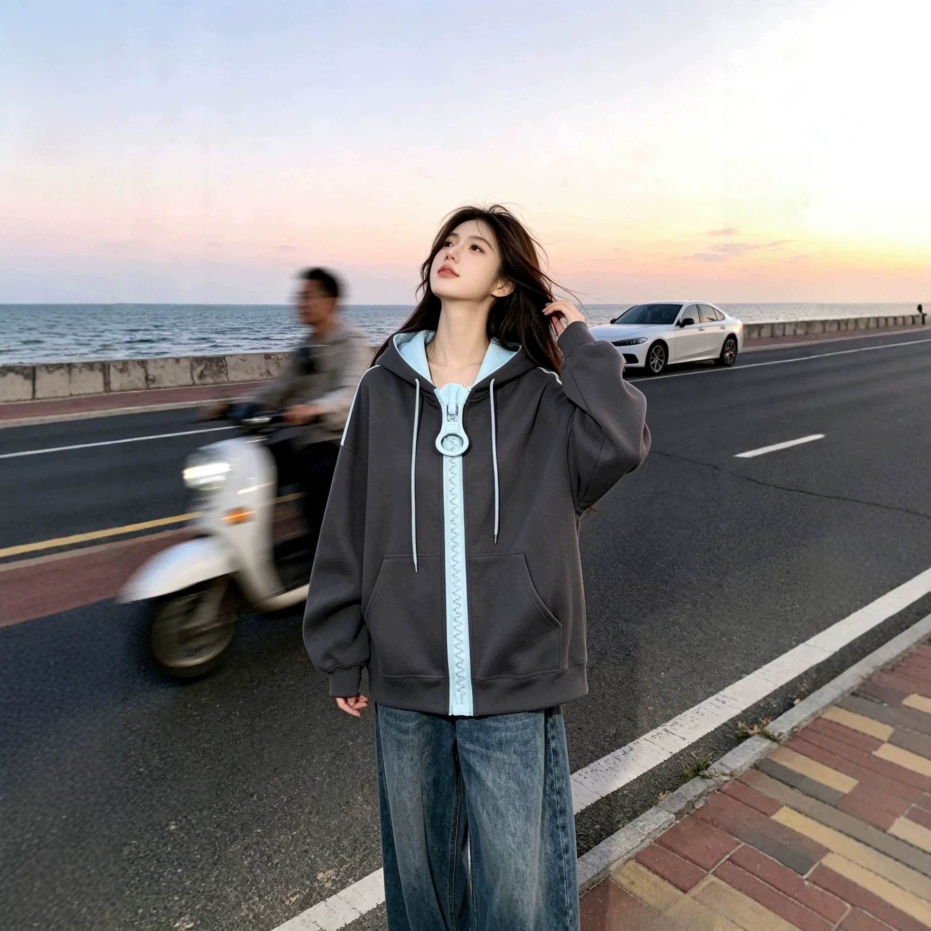 潮流洋气学院趣味可爱开衫外套女秋季休闲百搭卫衣外套大拉链上衣