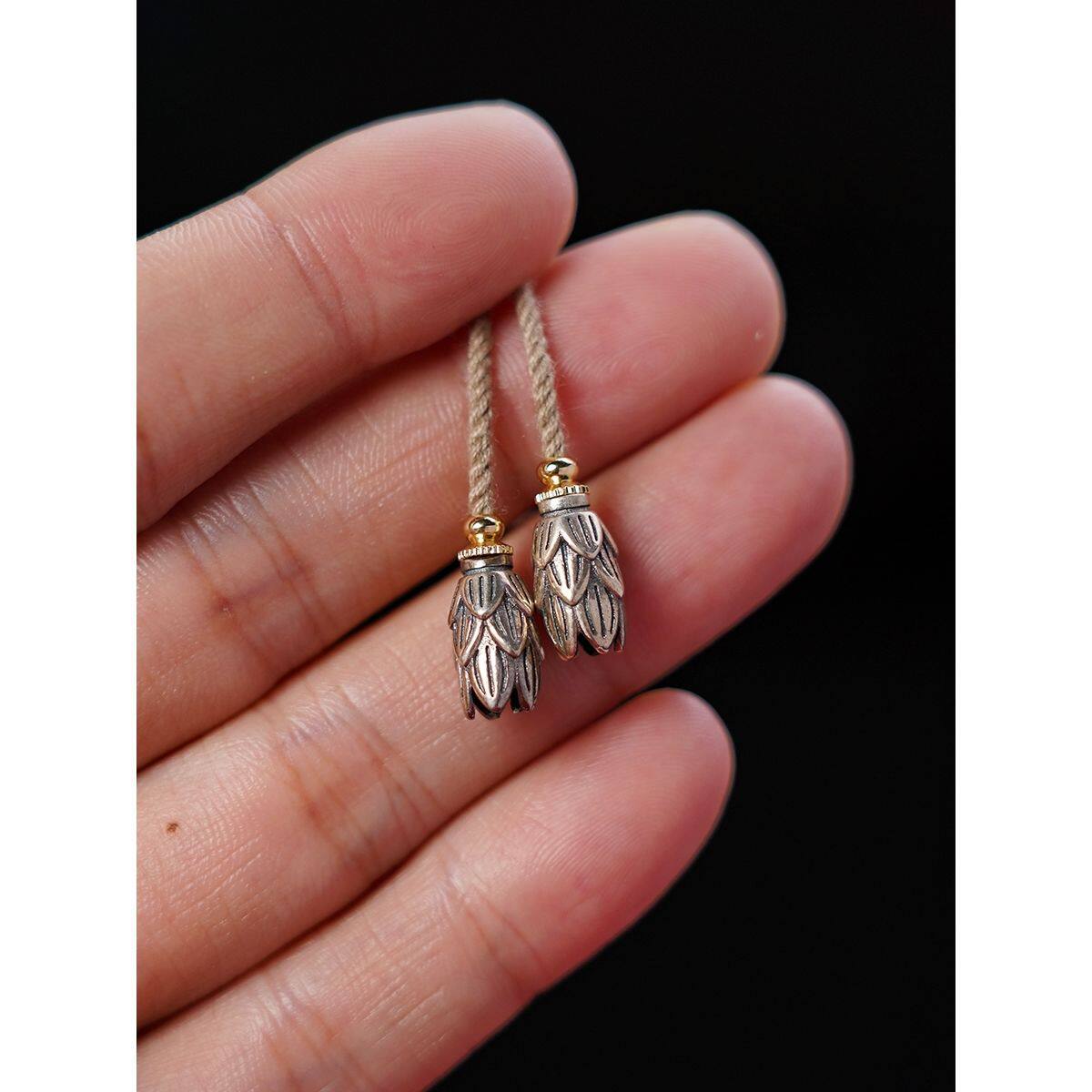 925纯银做旧文玩菩提柏香佛珠羽毛莲花弟子珠diy配饰配件收尾吊坠