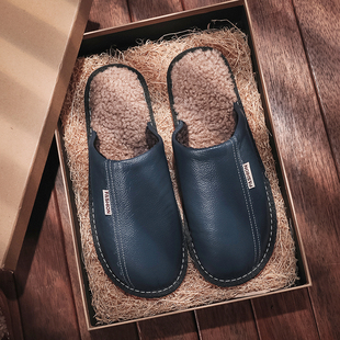 美式真皮面棉拖鞋男女冬季居家室内厚底防水防滑保暖牛皮拖鞋家用