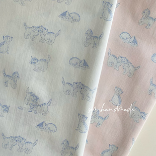 印花小猫头巾连衣裙发圈睡衣40支纯棉面料布料手工DIY缝纫布料