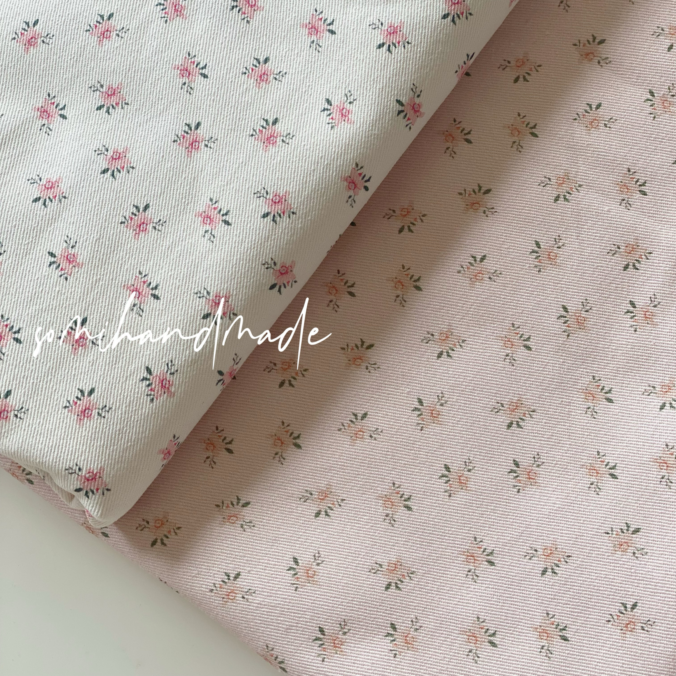 16支手工斜纹粉白碎花面料纯棉有一定厚度包包背带裤裤装裙装布料