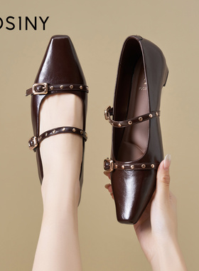Josiny/卓诗尼26春季法式复古铆钉玛丽珍鞋女一字扣尖头浅口单鞋